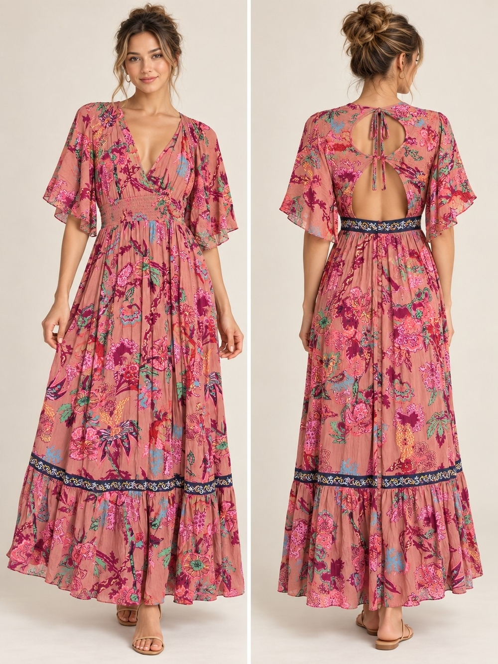Anthropologie Rose-Pink Floral Open-Back Maxi Dress